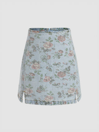 Rose Garden Slit Denim Skirt