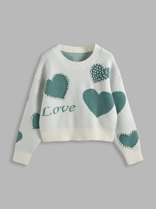 Pearl Detail Heart Pattern Sweater