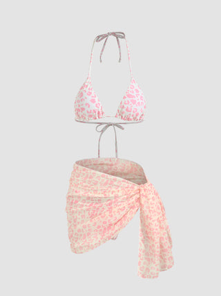 Pink Leopard Print Bikini Set & Sarong