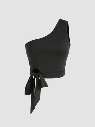 One Shoulder Solid Knotted Tank Top