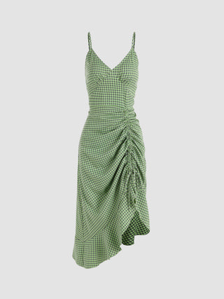 Plaid Pattern Ruffle Midi Ruched Dress