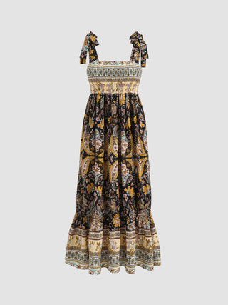 Paisley Print Maxi Shirred Dress