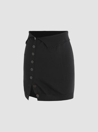 Rib Knit Button Mini Skirt