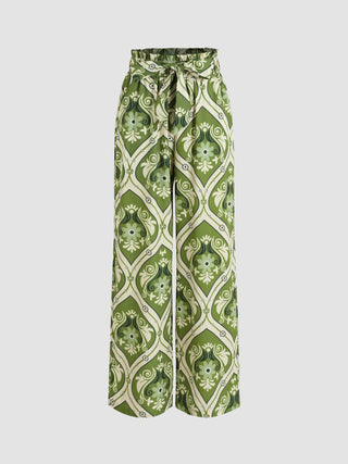Retro Floral Elastic Waist Straight Leg Trousers