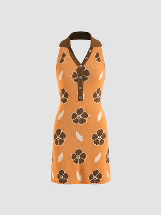 Knit Floral Halter Neck Mini Dress