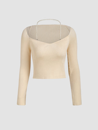 Rib Knit Solid Pearl Halter Crop Top