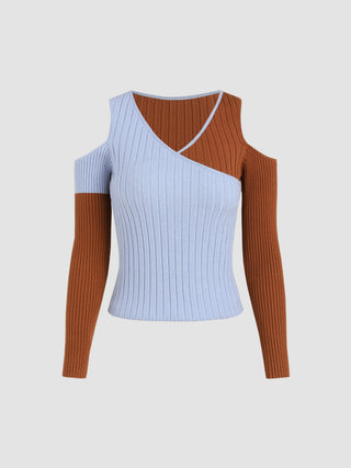 Patchwork Cold Shoulder Knit Top