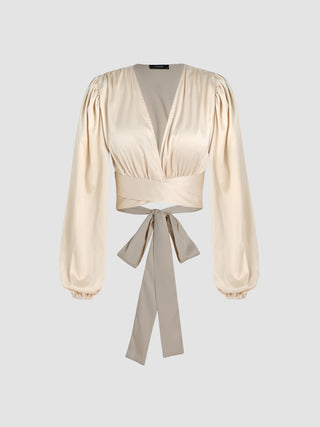 Recycled Fabric Solid Satin Tie Back Crop Blouse
