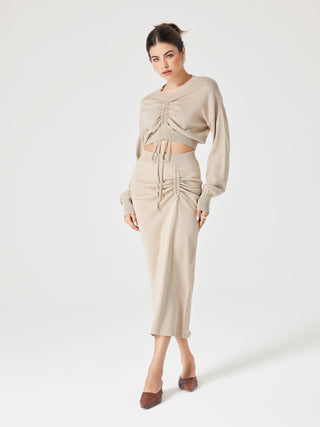 Rib Knit Solid Drawstring Ruched Midi Skirt