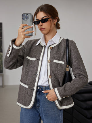 Plain Pattern Floral Trim Jacket