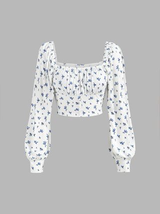 Rib Ditsy Floral Lantern Sleeve Crop Top