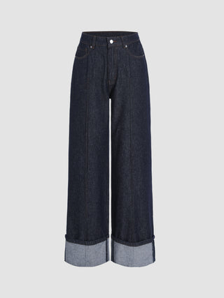 Mid Rise Solid Straight Wide Leg Jeans