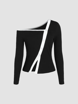 Rib Button Up Asymmetrical Neckline Top