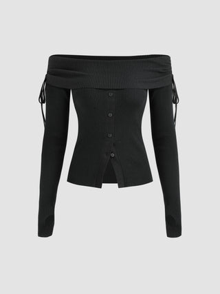 Off-shoulder Button Up Knitted Top