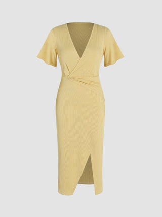 Rib Solid V-Neck Split Midi Dress
