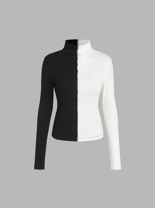 Patchy High Neck Texture Long Sleeve Tee