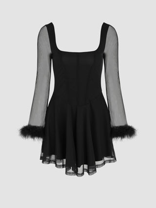 Mesh Solid Fluffy Square Neck Mini Dress