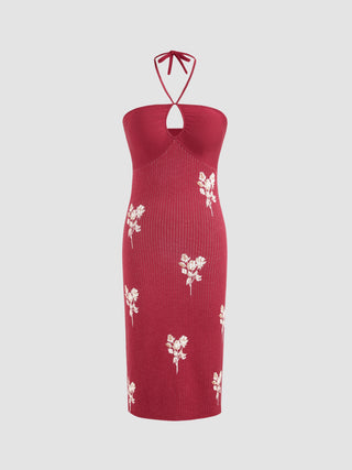Knit Floral Pattern Halter Cut Out Sleeveless Midi Dress