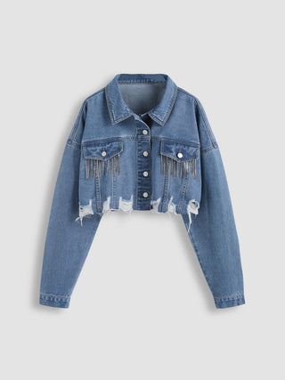 Rhinestone Fringe Denim Ripped Crop Jacket