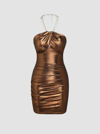 Metallic Rhinestone Halter Neck Dress