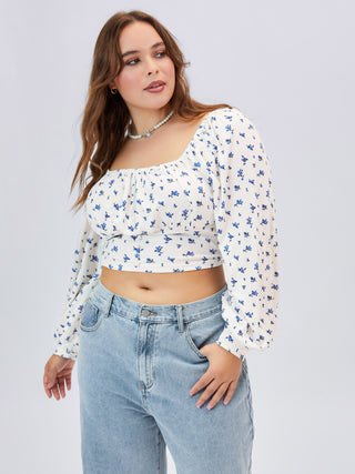Rib Ditsy Floral Lantern Sleeve Crop Top Curve & Plus