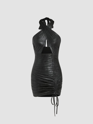 Metallic Halter Drawstring Short Dress