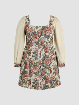 Retro Floral Corduroy Patchy Mini Dress Curve & Plus