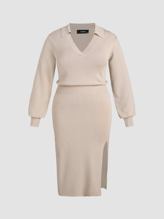 Knit Collar Split Solid Dress Curve & Plus