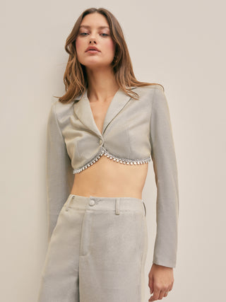 Rhinestone Metallic Notched Collar Crop Jacket