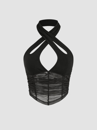 Jersey Solid Corset Mesh Halter Crop Cami Top