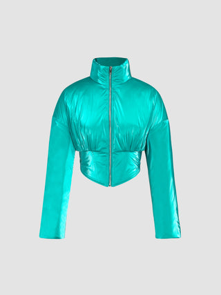 Metallic High Neck Quilted Crop Jacket