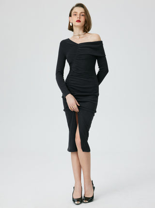 Rib Ruched Solid Asymmetrical Neck Split Maxi Dress