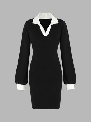 Knit Contrasting V-neck Mini Dress