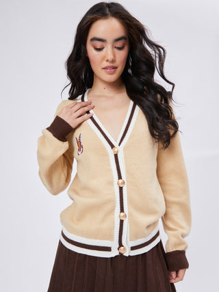 Rabbit Embroidery Contrast Trim Cardigan