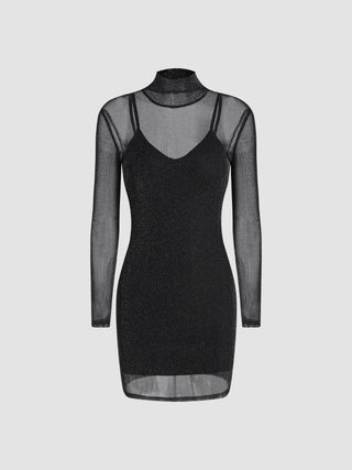 Metallic High Neck Long Sleeve Short Dress