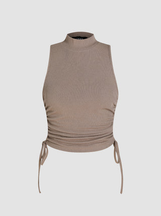 Rib Solid Mock Neck Ruched Crop Top