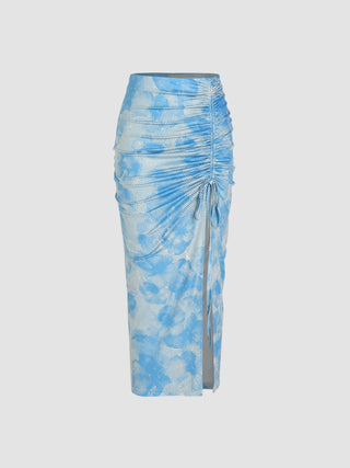 Jersey Tie Dye Drawstring Split Long Skirt