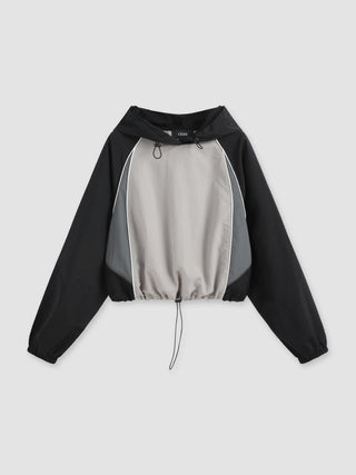 Patchy Hooded Drawstring Long Sleeve Top