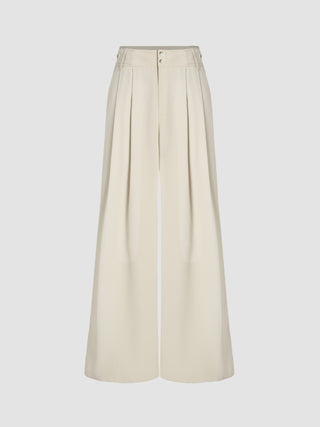Mid Waist Woven Button Wide Leg Pants