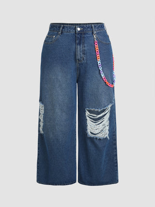 Ripped Wide Leg Jeans With Colorful Chain Curve & Plus