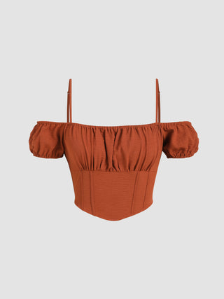 Off-shoulder Puff Sleeve Shirred Corset Crop Top