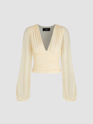 Mesh V-neck Ruched Long Sleeve Top