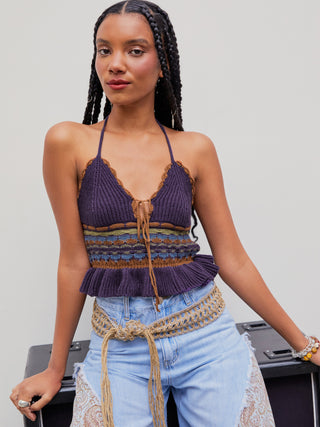 Paisley Crochet Ruffle Hem Halter Crop Top