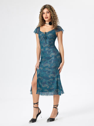 Paisley Print Lettuce Hem Split Midi Dress