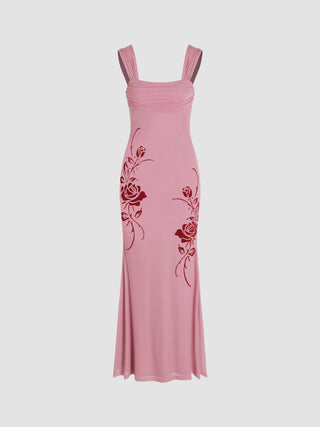 Rose Mesh Ruched Ruffle Maxi Dress