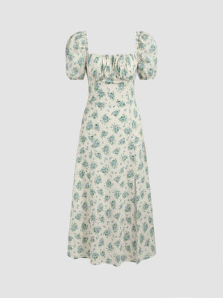 Nyar's Ditsy Floral Puff Sleeve Ruched Split Midi Dress