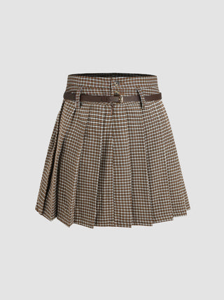 Houndstooth High Waist Belted Pleated Mini Skirt