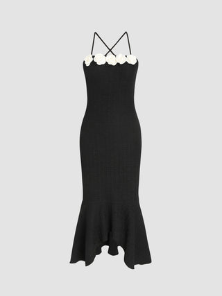 Rosette U-neckline Ruffle Midi Dress