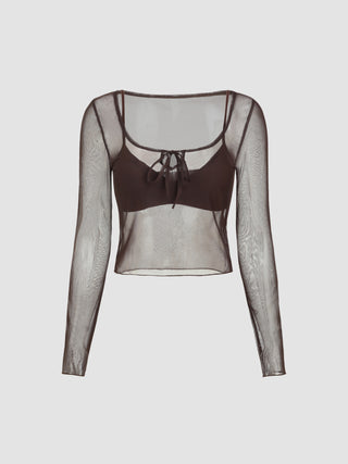 Mesh Sheer Knotted Two Piece Long Sleeve Top