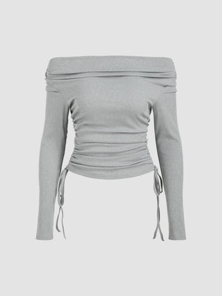 Rib Off-shoulder Ruched Knotted Top